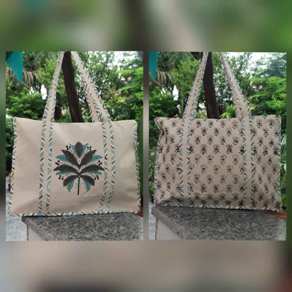 Handblock canvas bag with zip closure
