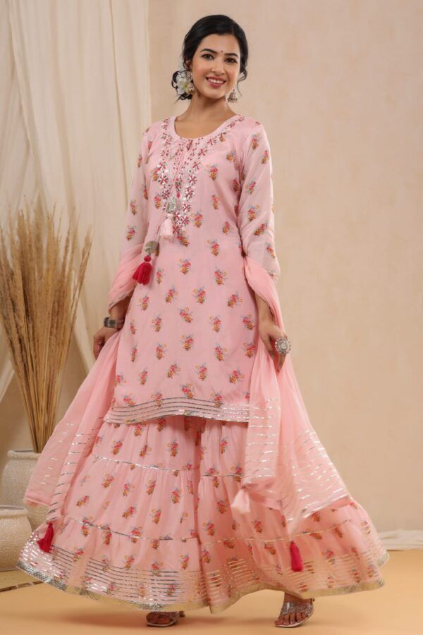 Designer Cotton Kurti with Floral Print Sharara & Chiffon Dupatta
