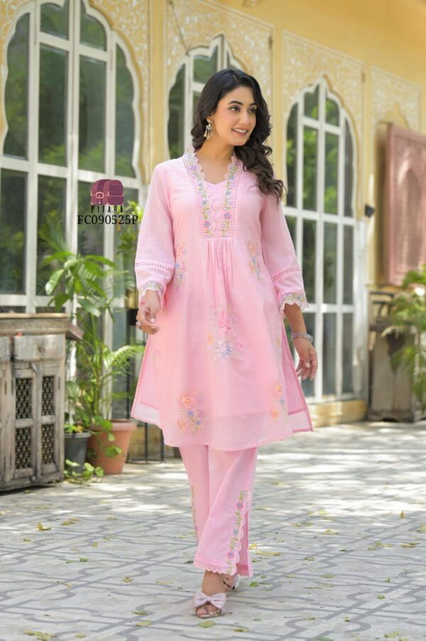 Trendy Pure Cotton Kurta Pant Set with Lace Embroidery – Festive Wear