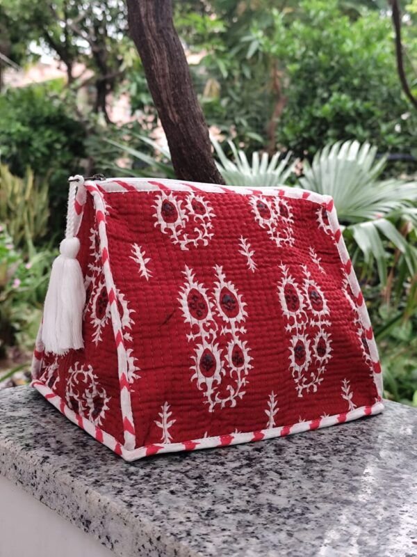 Handblock Triangular Vanity Bag with Tassel – Spill-Proof Travel Pouch