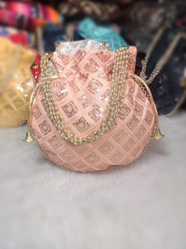 Sequence Triangle Potli Bag with Pearl Handle | Heavy Quality Double-Sided Work 9x9 Inches
