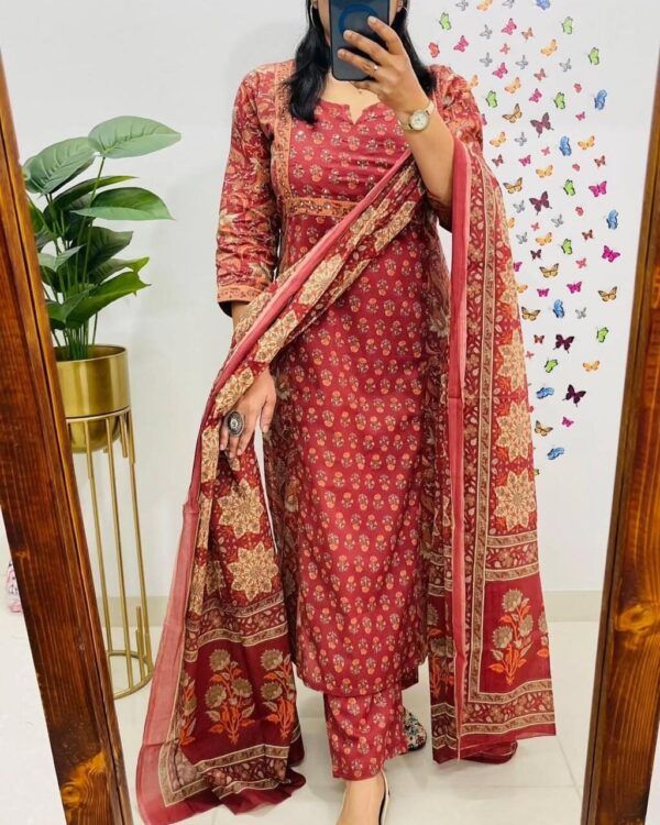 Heavy Cotton Ethnic 3-Piece Fully Stitched Kurti, Pant and Dupatta set