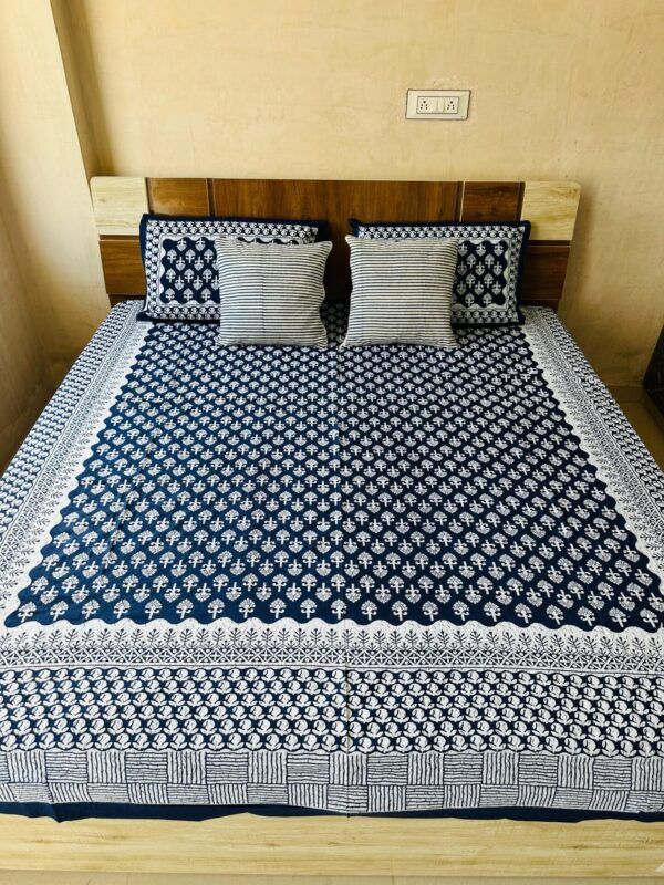 Dabu and Indigo Blue Heaven Collection – Premium Cotton King Size Bedsheet 100×108 Inches with 2 Pillow Covers