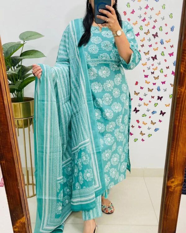 Festive Wear Frock Style Kurti Set with Mirror Work – Sky Blue & Yellow