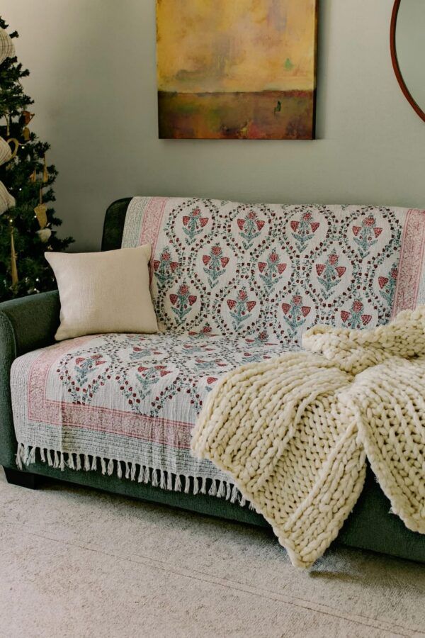 Handblock Jute Sofa Throw – 60×85 inches | Earthy & Natural Home Décor