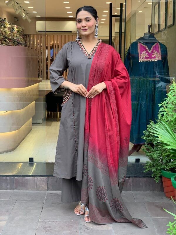 Heavy Embroidered Cotton Suit Set | Kurta Pant Dupatta 3-Piece