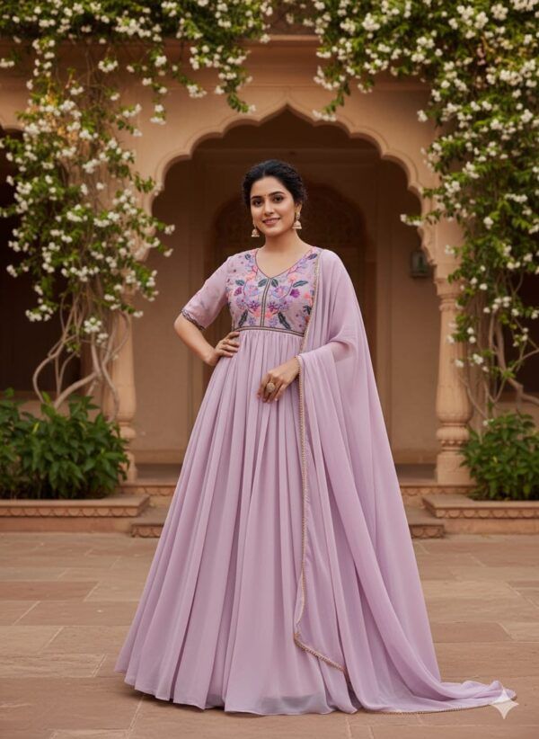 Lavender Embroidered Georgette Festive Gown with Dupatta