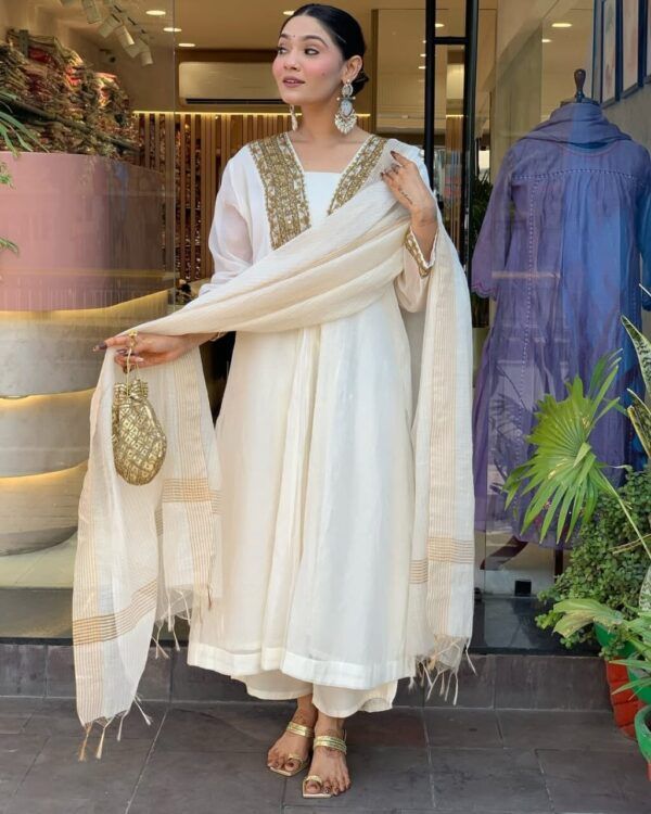 Embroidered Suit with Cotton Pant & Tassel Dupatta