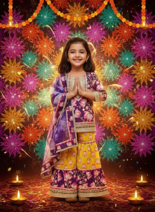 💜 Girls Cotton Kurti Sharara Set with Tie-Dye Dupatta – Festive Ethnic Wear 💛