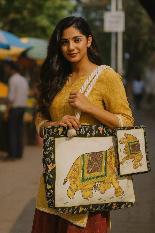 Women’s Tote Bag with Elephant Print & Matching Pouch