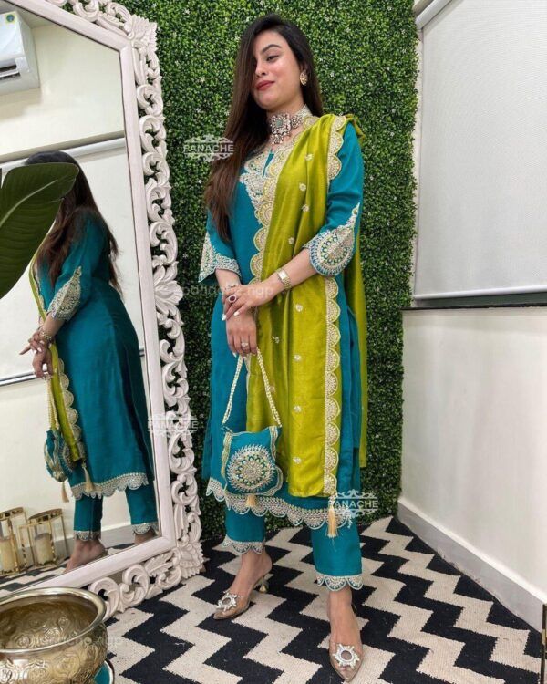 Vichitra Silk Festive Kurti Pant Dupatta Set – Designer Coding Work Co-ord