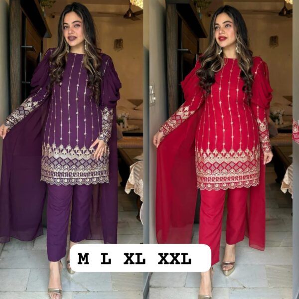 Designer Fox Georgette Festive Kurti Set with Dupatta – Heavy Embroidery, Zari & Sequin Work (Purple & Red)