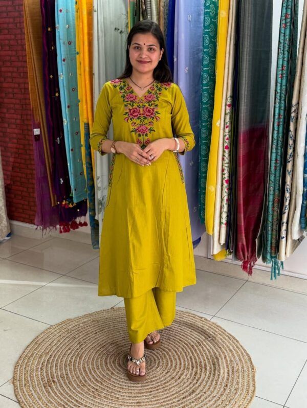 Diwali Special Mustard Yellow Cotton Co-ord Set – Embroidered Kurti with Pants