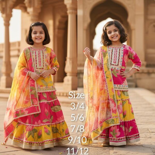 ❤️ Girls Kurti Lehenga Set with Tie-Dye Organza Dupatta – Festive Ethnic Wear 💛