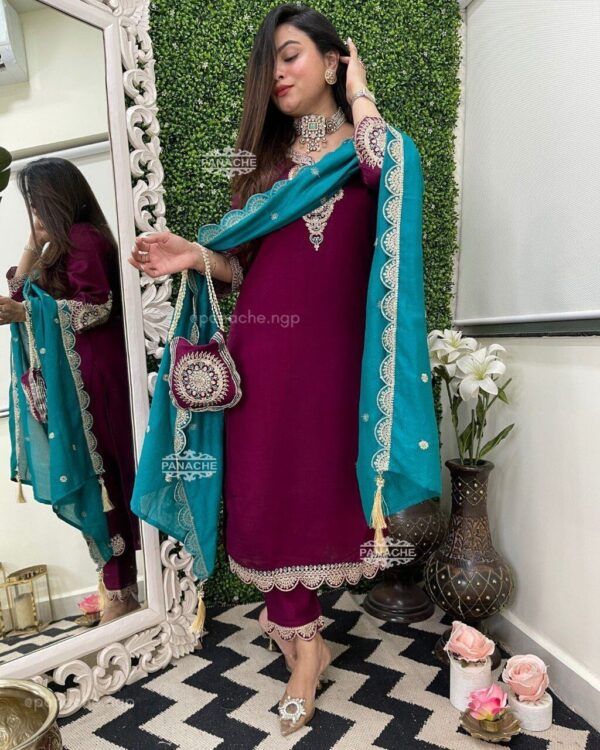 Vichitra Silk Festive Kurti Pant Dupatta Set – Designer Coding Work Co-ord