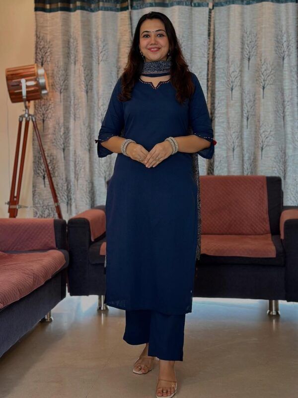 Cotton Suit with Ajrakh Dupatta | Aari Work