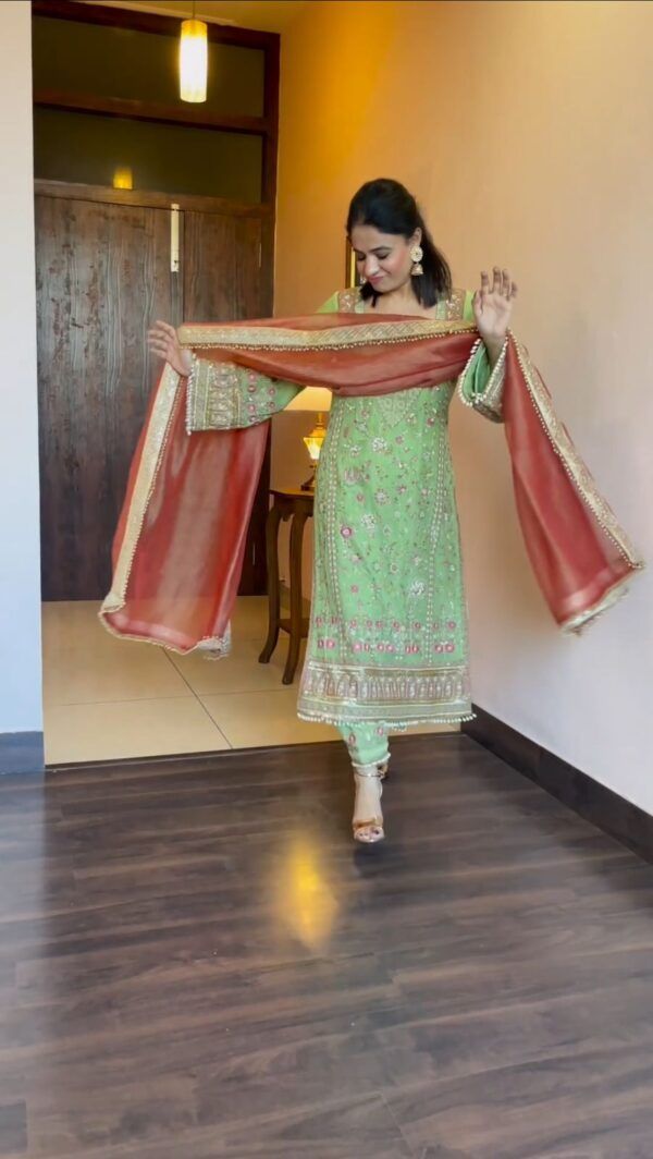 Embroidered Suit Set with Moti Work & Heavy Lace Dupatta