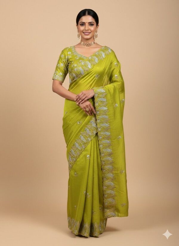Fandy Satin Parrot Embroidered Saree – New Arrival