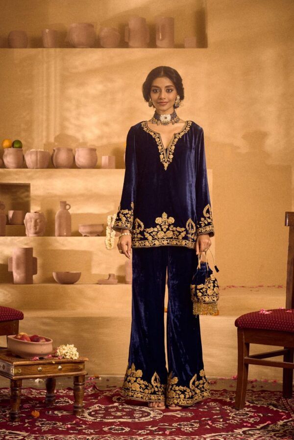Premium Viscous Velvet Winter Co-ord Set with Embroidery | Top–Palazzo & Potli | Fully Stitched