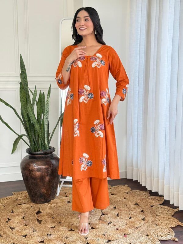 Floral Embroidered Square-Neck Kurti & Pant Set